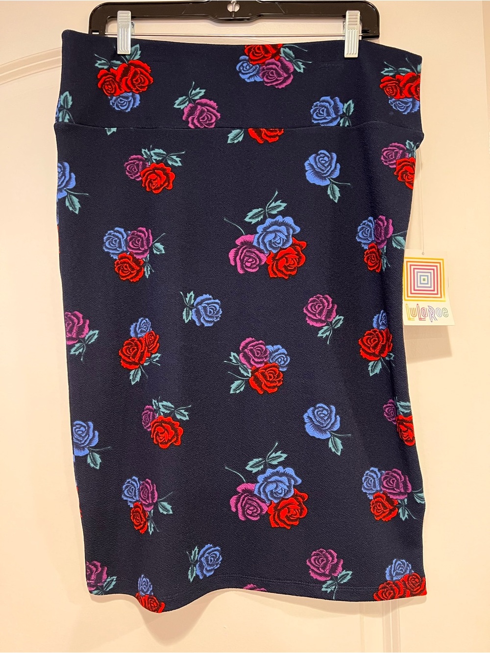LuLaRoe Large Cassie Pencil Skirt (navy with bright florals)
